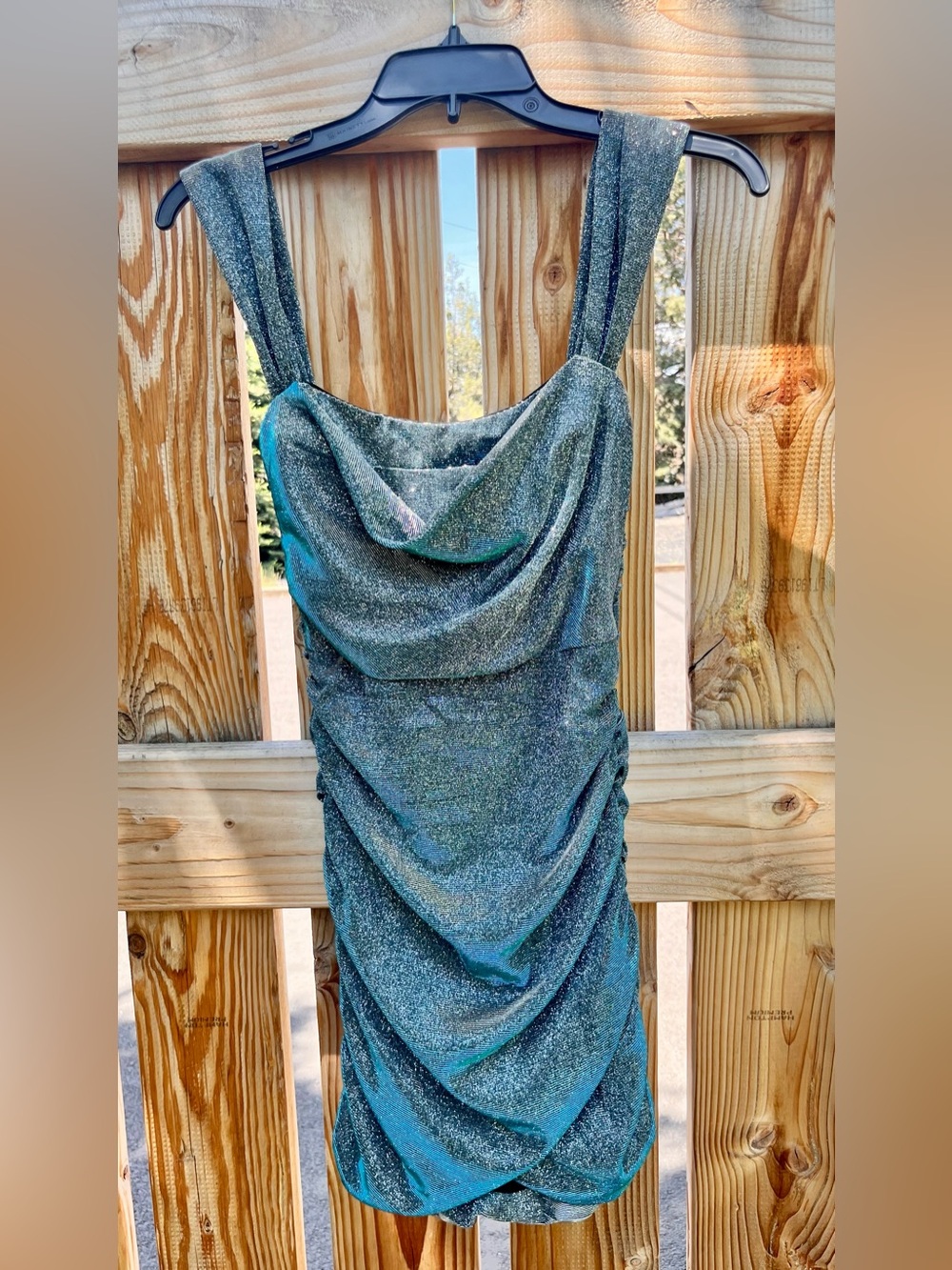 Shimmery Blue/Teal Cowl Neck Mini Dress Homecoming/Prom